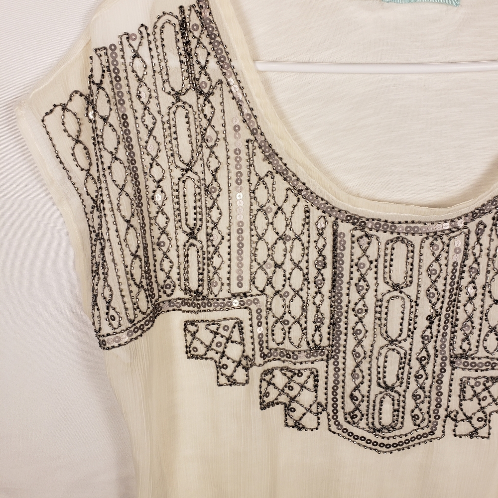 Maurcies Cream Sequin Beaded Women's Top - Picture 2 of 4